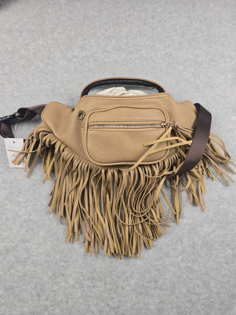 Faux Leather Fringe Fanny Pack Belt Bag Boho Crossbody Sling Purse Tan NWT